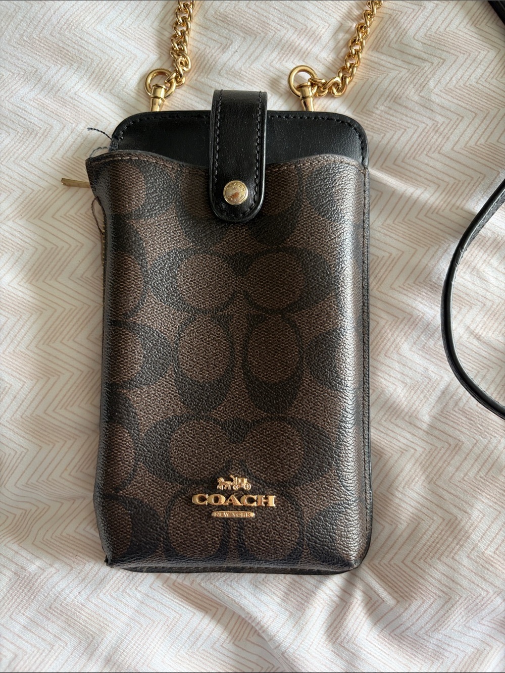 Coach Brown Signature Crossbody Phone Pouch with Gold Chain and Black Strap - Picture 2 of 5